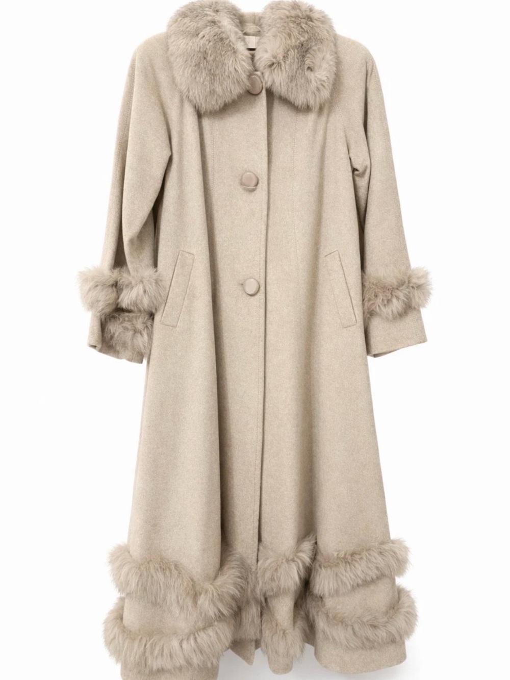 Belle Fare 100% Cashmere Swing Coat w/ Fox Fur Trim Oatmeal Fits M-L Long Luxury